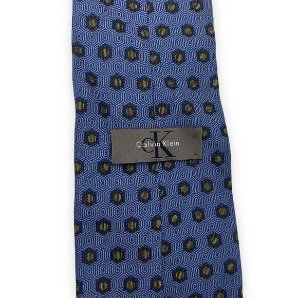CALVIN KLEIN Blue Gold Silk Geometric Printed Tie - Picture 3 of 7